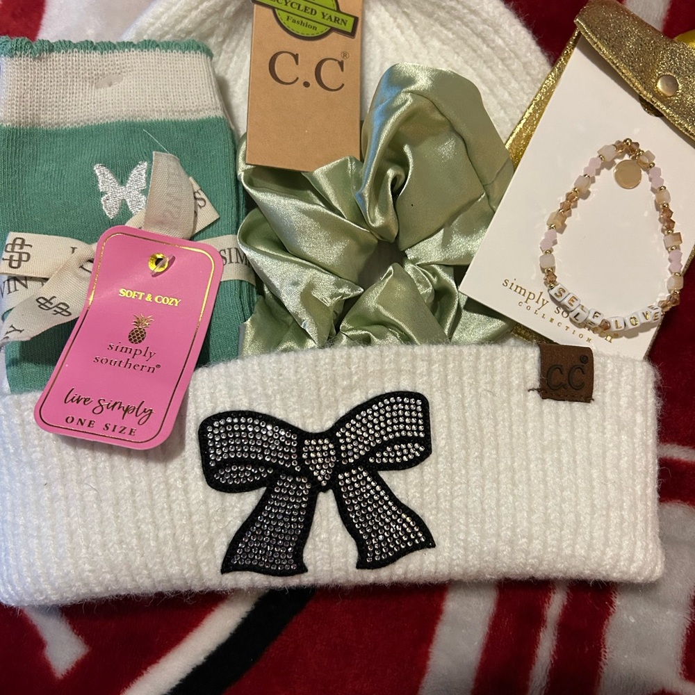 C.C White Knit Beanie with Rhinestone Bow